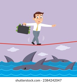 Businessman with briefcase money walking over sharks on a tightrope, Business financial concept, illustration vector cartoon.