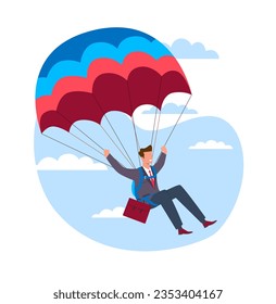 Businessman with briefcase parachutes down, taking risks to achieve his goal. Extreme dangerous strategy. Parachutist man falling. Cartoon flat style isolated illustration. Vector concept
