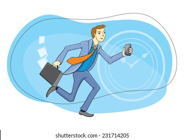 Businessman with briefcase and phone in hand running about their business. Time is money concept cartoon design style