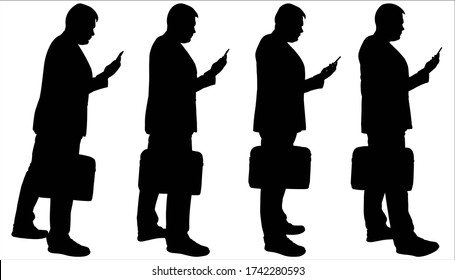 Businessman with a briefcase and a phone in hands. Man in a business suit in motion. Four silhouettes, change of legs, steps. Queue of office workers. Four male black silhouettes isolated on a white.