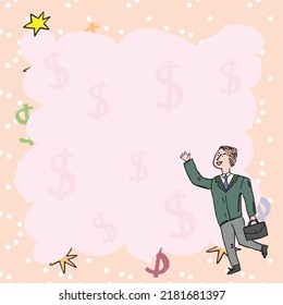 Businessman With Briefcase Presenting Important Messages With Dollar Signs In Background. Man In Suit Thinking Crutial Informations. Executive Reasoning New Ideas.