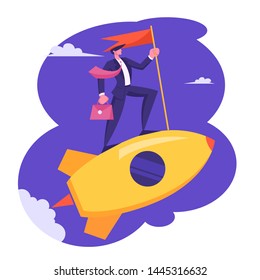 Businessman With Briefcase And Red Flag In Hand Riding Gold Rocket In Sky. Business Leadership, Creative Startup Launch. Character Start Successful Project Development Cartoon Flat Vector Illustration