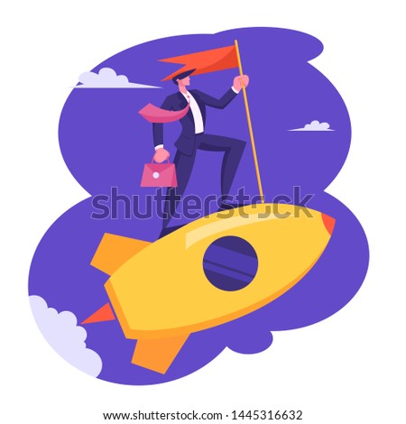 Businessman with Briefcase and Red Flag in Hand Riding Gold Rocket in Sky. Business Leadership, Creative Startup Launch. Character Start Successful Project Development Cartoon Flat Vector Illustration