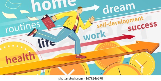 Businessman with briefcase running fast. Late business person rushing in a hurry to get on time. Flat style vector character illustration. Time management.