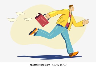 Businessman with briefcase running fast. Late business person rushing in a hurry to get on time. Flat style vector character illustration. Time management.