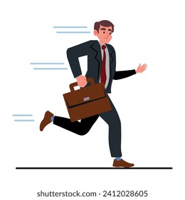 Businessman with briefcase running fast with tie waving. Late business person running in a hurry to be on time. Flat style vector character illustration isolated on white