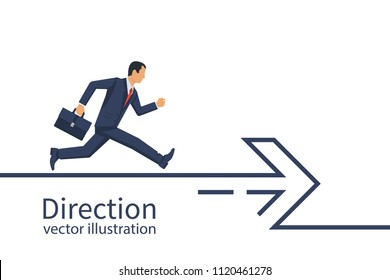 Businessman with a briefcase runs along the direction line. Direction concept. Abstract arrow minimal design line. Vector illustration flat design. Isolated on white background.