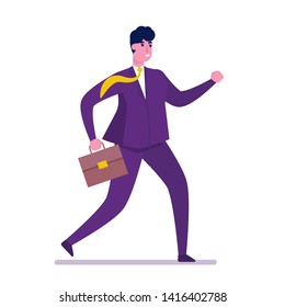 Businessman with briefcase  rush to work. Vector illustration.