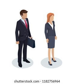 Businessman with briefcase set with working people. Woman wearing skirt and blouse manager and man carrying bag business files 3d isometric vector