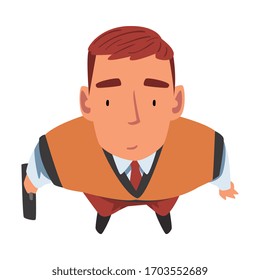 Businessman with Briefcase Standing Looking Up, Male Face, View from Above Vector Illustration