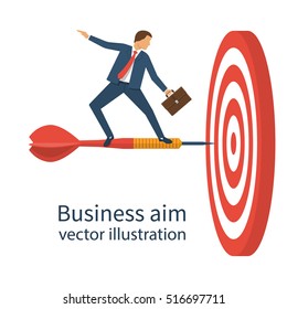 Businessman with briefcase standing on dart to achieve business goal, concept. Aim in business. Vector illustration flat design. Smart solution to achieve mission. Direction victory. Aiming to target.