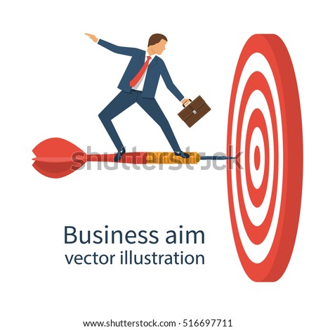 Businessman with briefcase standing on dart to achieve business goal, concept. Aim in business. Vector illustration flat design. Smart solution to achieve mission. Direction victory. Aiming to target.