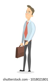 Businessman with briefcase standing on white background.