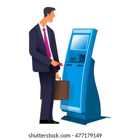 Businessman with a briefcase with stationary payment terminal. Vector flat Illustration. Web graphics, banners, advertisements, brochures, business templates. Isolated on a white background.