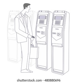 Businessman with a briefcase with stationary payment terminal. Vector line Illustration. Web graphics, banners, advertisements, brochures, business templates. Isolated on a white background.
