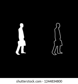 Businessman with briefcase step forward Man with a business bag in his hand silhouesse icon outline set white color