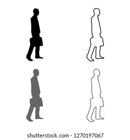 Businessman with briefcase step forward Man with a business bag in his hand silhouesse icon outline set grey black color