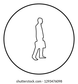 Businessman with briefcase step forward Man with a business bag in his hand silhouesse icon black color outline vector illustration flat style simple image in circle round