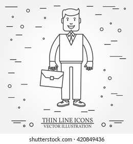 Businessman with briefcase thin line icon. For web design and application interface, also useful for infographics. Vector dark grey.  Vector illustration.