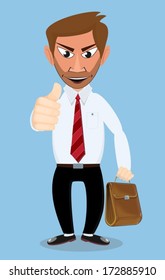 Businessman with briefcase, thumb up, vector
