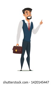 Businessman with briefcase vector illustration. Smiling office worker with laptop. Cartoon character in formal clothes. Man hurrying up at work flat clipart. Isolated design element
