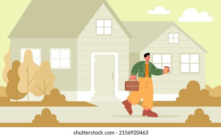 Businessman with briefcase walk on street. Man in business suit go to work in office. Vector flat illustration of autumn landscape of city street with house, trees and employee person with coffee