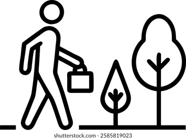 Businessman with briefcase walking into a forest with soft light concept as A silhouette of a businessman carrying a briefcase walking into a dense forest illuminated by soft light symbolizing the jou