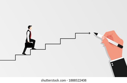 Businessman With Briefcase Walking Up Stairs Drawn By Big Hand. Business Symbol Vector Illustration