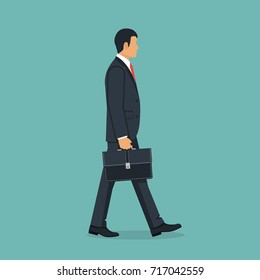 Businessman With Briefcase Walking To Work. Vector Illustration Flat Design. Male Cartoon Character. Office Manager In A Business Suit With Tie. Confident Man. Isolated On Background. Go Ahead.