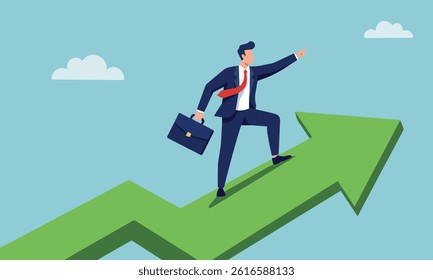 Businessman with briefcase walks up a green growth arrow, reaching towards a goal in a blue sky.