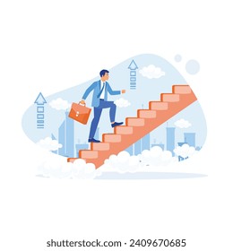 A businessman with a briefcase walks up the stairs. Against the backdrop of a bright city view. Career Development concept. trend flat vector modern illustration  