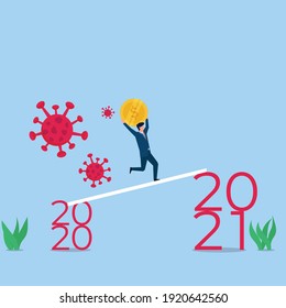 Businessman bring the coin to next year and run from virus metaphor of economy after pandemic. Business flat vector concept illustration.