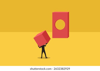Empresário trazer cubo para buraco. conceito de luta, desafio, dificuldade. Ilustração de design mínimo do eps10