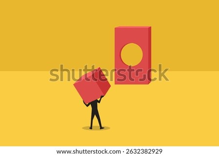 Businessman bring cube to hole. concept of struggle, challenge, difficulty. Minimal design eps10 illustration