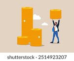 Businessman bring a lot of dollar coins. Getting a salary. Vector businessman character illustration.