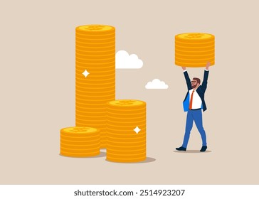 Businessman bring a lot of dollar coins. Getting a salary. Vector businessman character illustration.