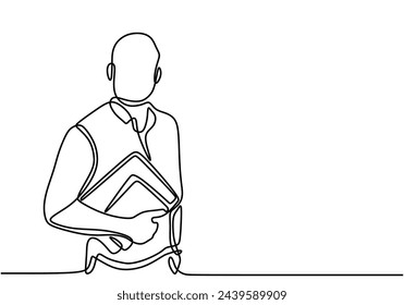 Businessman bring paper documents in one line art style. Continuous line vector illustration.