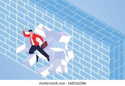 Businessman broke through the wall and broke out