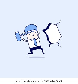 Businessman broke through the wall. Smash the wall. Cartoon character thin line style vector.