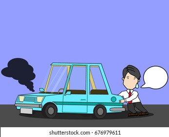 Businessman with broken car. Push car on street. Funny vector style.