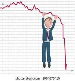 Businessman or broker falls down and red arrows of stock market falling down. Vector illustration of stock market crash, economic crisis.