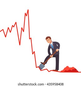 Businessman broker trying to gain short profits on falling market. Digging cash with shovel on declining market shares on line graph. Market crisis concept. Flat style vector illustration clipart.