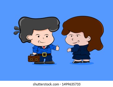 Businessman with brown briefcase and businesswoman shaking hands. Cute cartoon character vector.