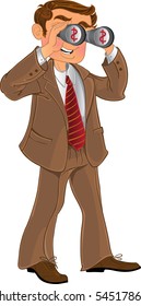 businessman in brown suit with binoculars look on money