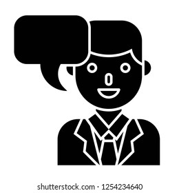 Businessman with bubble talk vector illustration, solid design icon