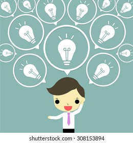 businessman with buble of lamp of idea that he think non stop on blue background.