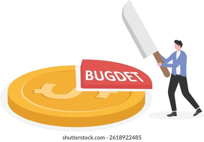 Businessman with budget ratio deduction from business income in dollar gold coin.

