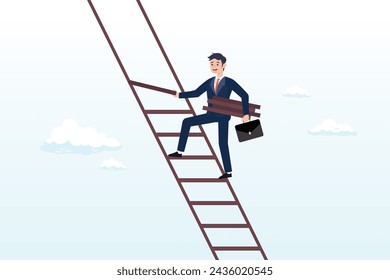 Businessman build ladder of success to climb up, build ladder of success, develop stair to improve opportunity, career path or job achievement, growth step to progress overcome challenge (Vector)