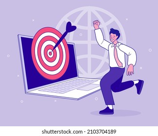 Businessman build organizational success by setting the right marketing target. Occupation plan. Successful work on the Internet and office. online advertising in flat design. Vector illustrations.
