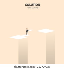 Businessman building bridge over deep hole. Business solution vector concept. Symbol of business success, overcome challenges and ambition. Vector illustration.